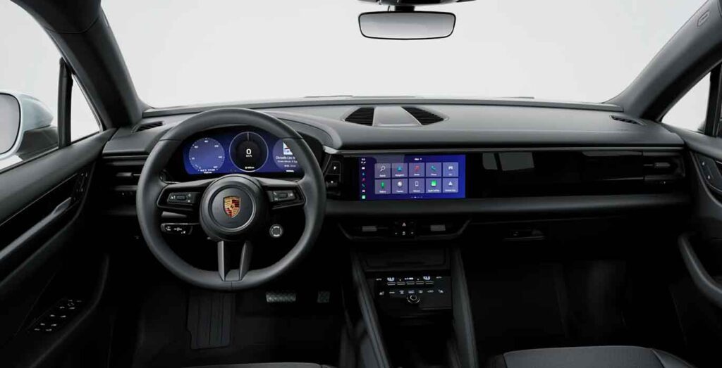 Interior delantero del Porsche Macan eléctrico 265kW, renting de coches en Madrid
