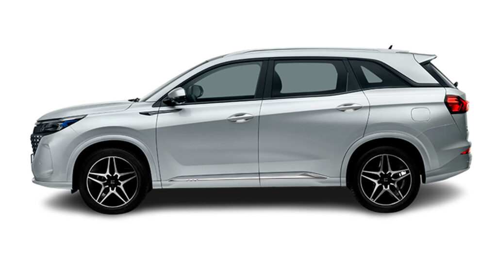 Vista lateral del SUV eléctrico DFSK E5 Intelligent disponible en renting