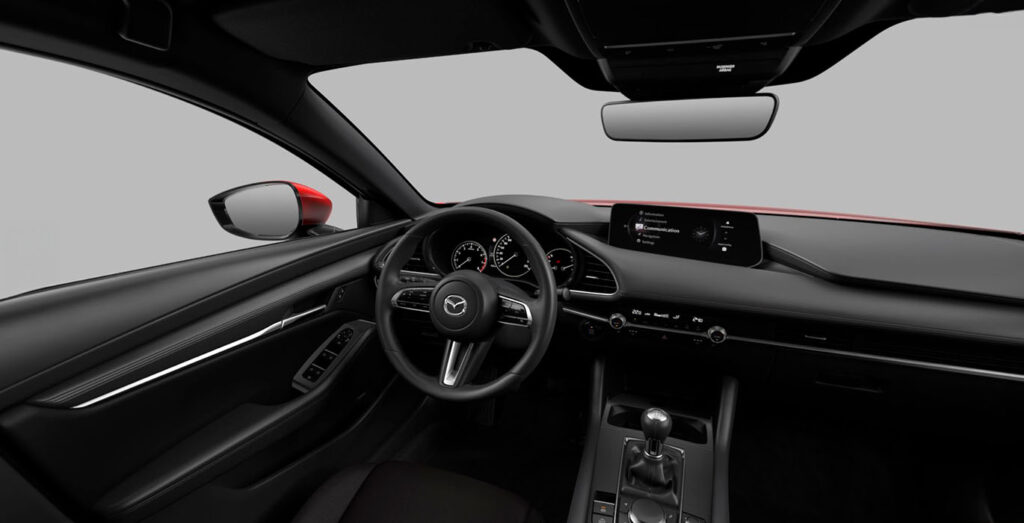 Interior delantero del Mazda 3 e-Skyactiv G MHEV Centre-Line, disponible en renting