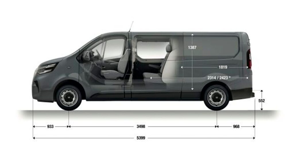 Nissan Primastar Combi 9 plazas 2.0 dCi L2H1 Go, exterior con medidas para renting