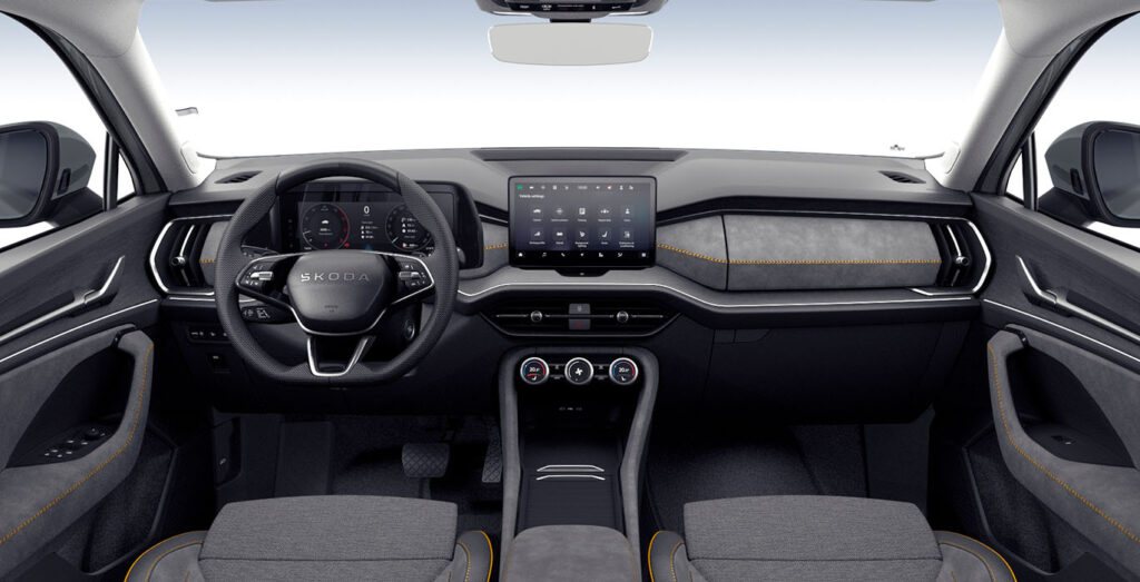 Interior delantero del Škoda Kodiaq 2.0 TDI DSG Selection: salpicadero y asientos en renting