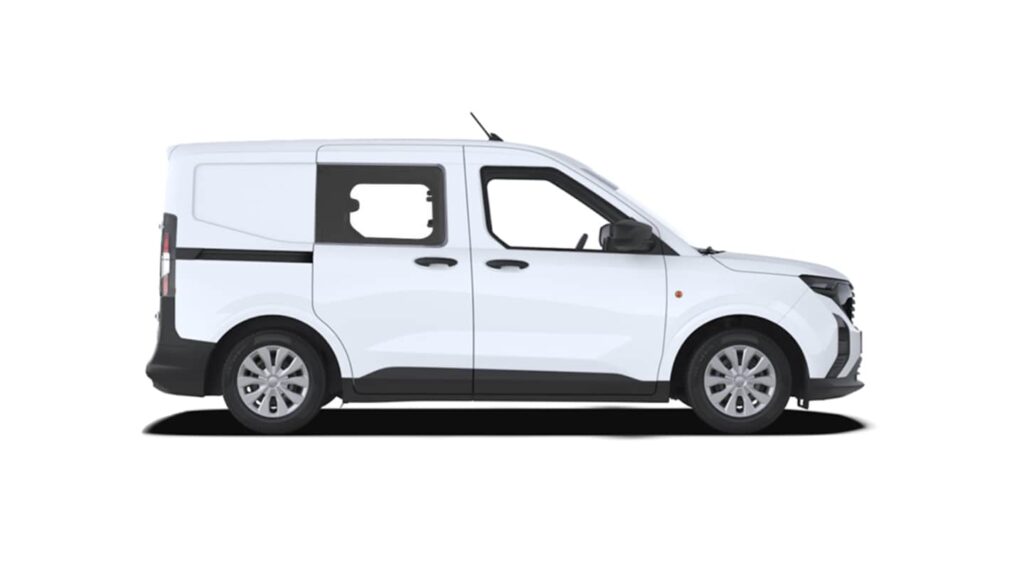 Ford Transit Courier blanca de perfil, furgoneta comercial disponible en renting en Madrid