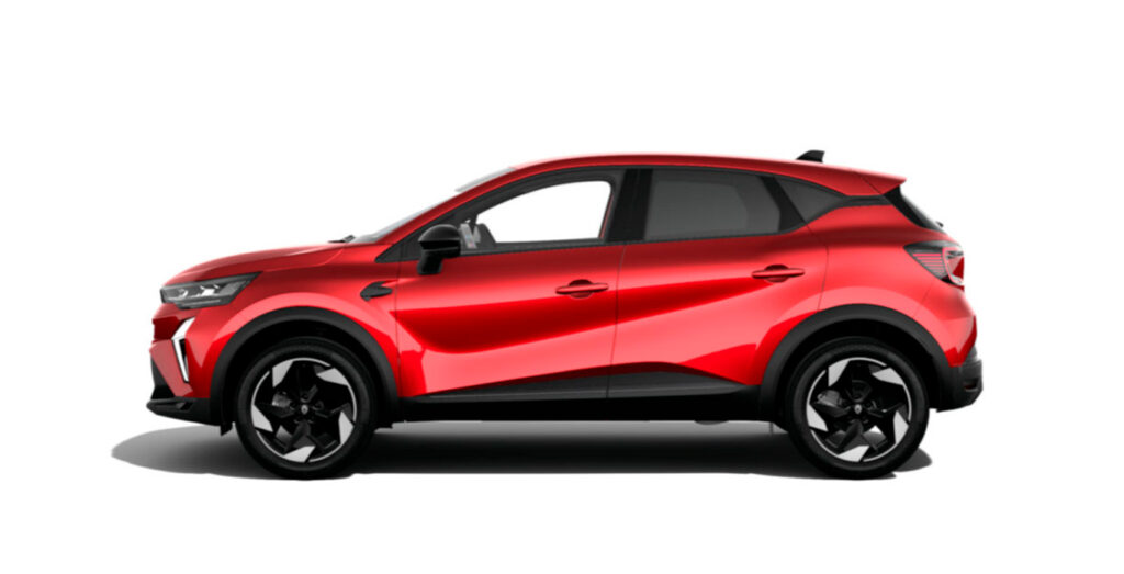 Renault Captur Techno TCE EDC MHEV vista exterior lateral, disponible en renting