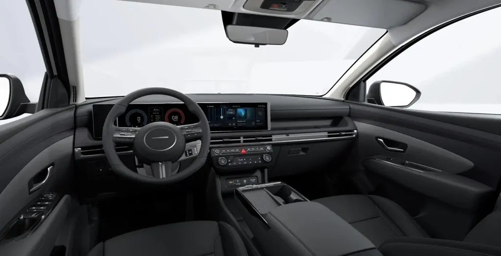 Interior negro Hyundai Tucson 1.6T 239 CV híbrido vista delantera
